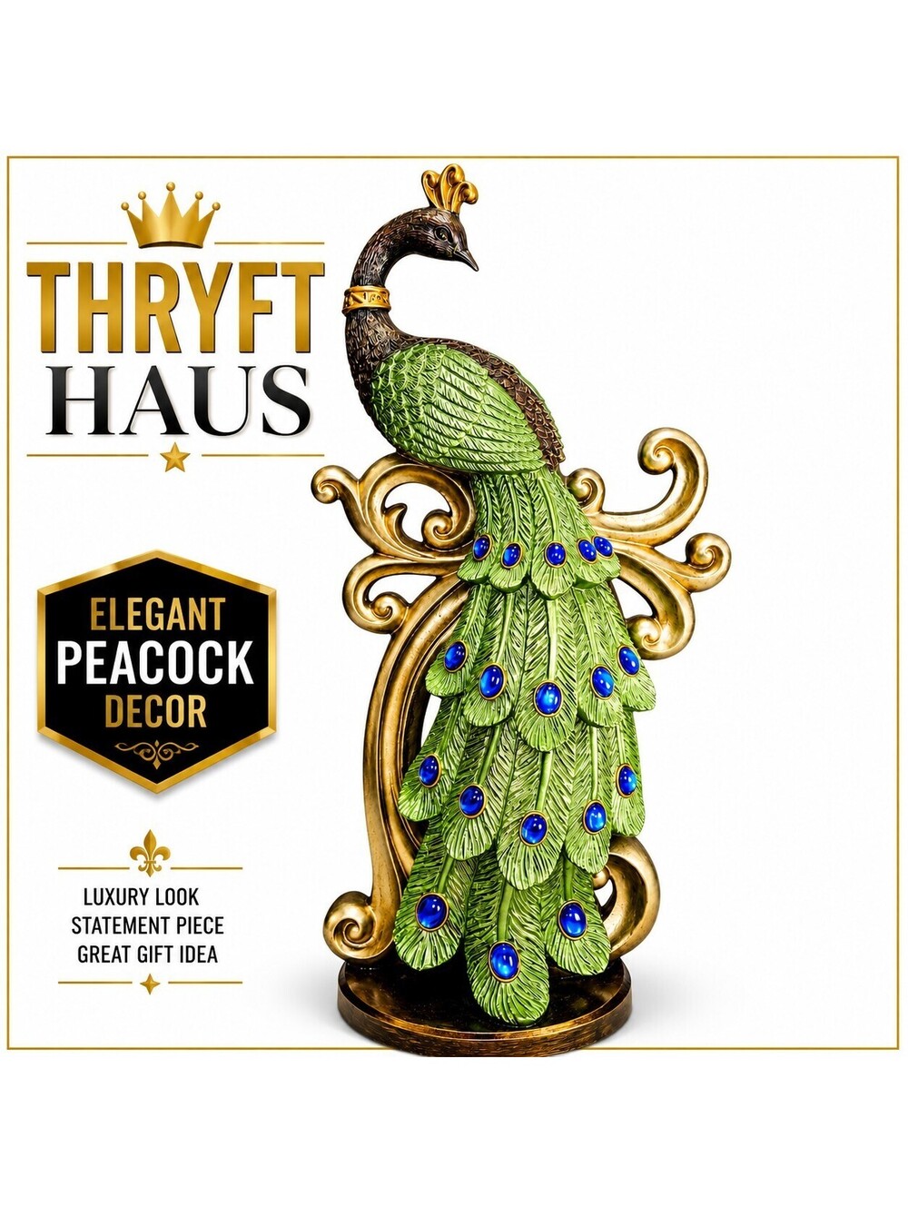 Peacock Statue Figurine Gold Scroll Base Green Blue Jewel Decor Hollywood...